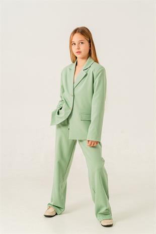4-15 Yaş Blazer Ceketli Kız Çocuk Takım Yeşil
