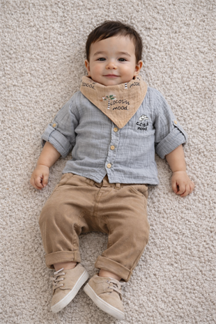 6-24 Ay Fularlı Müslin Gömlekli 2li Erkek Bebek Takım Bebe Mavi