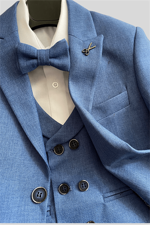 Yeleği Katlamalı Ceketli Rozetli Takım Elbise İndigo Mavi 