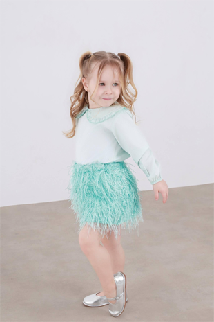 2-8 Yaş Etekleri Püsküllü Kız Çocuk Takım Su Yeşili