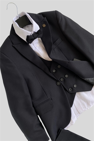 Yeleği Katlamalı Ceketli Rozetli Takım Elbise Siyah