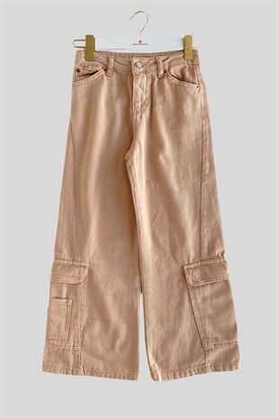 8-12 Yaş Kargo Cep Detay İspanyol Kız Çocuk Pantolon Sütlü Kahve