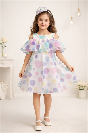 4-8 Yaş Loren Puantiyeli Kız Çocuk Abiye Elbise Pembe
