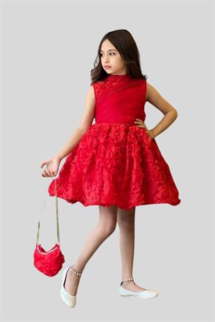 Çanta Hediyeli Güpür Gül Detay Kırmızı Çocuk Abiye