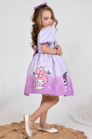 Kuromi Melodi Kısa Kol Kız Çocuk Elbise Lila
