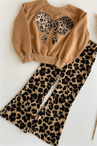 3-10 Yaş İspanyol Leo Pantolonlu Kız Çocuk Takım Sütlü Kahve