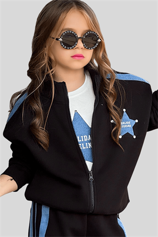 5-14 Yaş Yıldız Kotlu ÇıtÇıtlı 3lü Kız Çocuk Takım Siyah