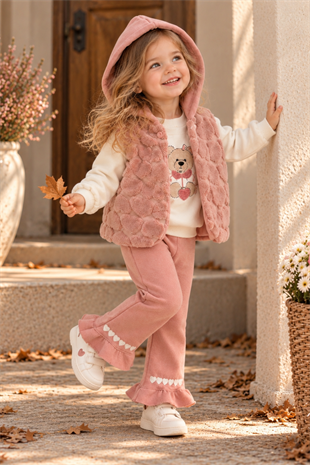 2-5 Kalp Desen Yelekli 3lü Kız Çocuk Takım Pembe