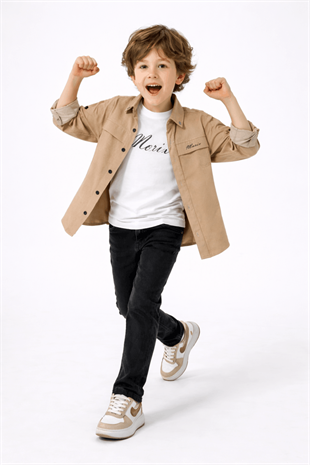 6-10 Yaş Mrx Kolları Katlamalı Gömlek Tişört Kot Erkek Çocuk Takım Camel