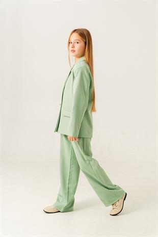 4-15 Yaş Blazer Ceketli Kız Çocuk Takım Yeşil