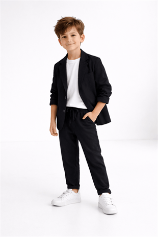 2-13 Yaş Premium Tişörtlü Başak Doku Keten Çocuk Takım Elbise Siyah