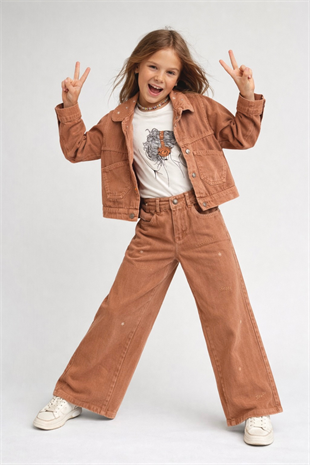 9-12 Yaş Bebe Yaka Nakışlı Kız Çocuk Pantolon Kot Takım Latte