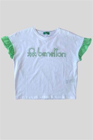 4-14 Yaş Benetton Kolları Fırfırlı Kız Çocuk T-shirt Beyaz