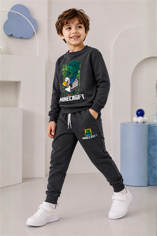 3-10 Mncraft Erkek Çocuk Eşofman Takımı Füme
