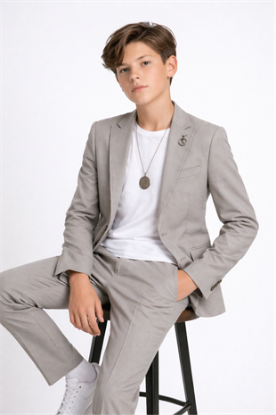 3-14 Yaş Oscar Tişörtlü Kolyeli Erkek Çocuk Takım Elbise Mezuniyet Gri