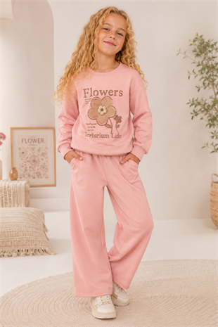 7-10 Yaş Flowers Baskılı Kız Çocuk Eşofman Takımı Pudra