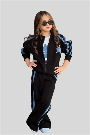 5-14 Yaş Yıldız Kotlu ÇıtÇıtlı 3lü Kız Çocuk Takım Siyah