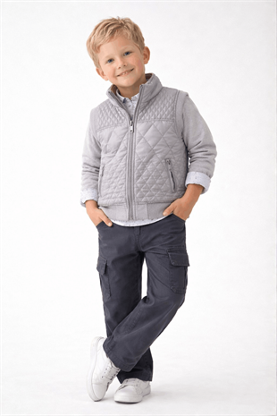 2-9 Yaş Premium Baklava Desen Şişme Yelekli Pantolonlu 4lü Erkek Çocuk Takım Gri
