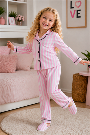 4-6 Yaş Terlikli Çizgi Desen Kız Çocuk Pijama Takımı Pembe
