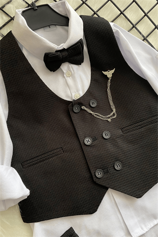 Matrix Yelekli Zincirli Erkek Çocuk Takım Elbise Siyah