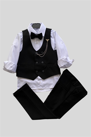 Zincir Detay Çift Düğmeli Erkek Çocuk Takım Elbise Siyah