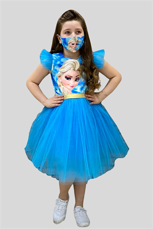 Maske Hediyeli Tül Detay Elsa Elbise