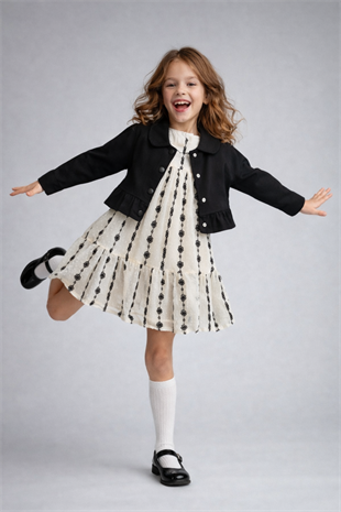 4-8 Yaş Gabardin Ceketli Nakışlı Kız Çocuk Elbise Siyah