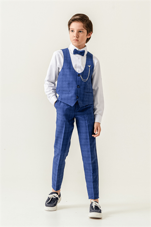 Karo Ekose Yelekli Zincirli Çocuk Takım Elbise Sax