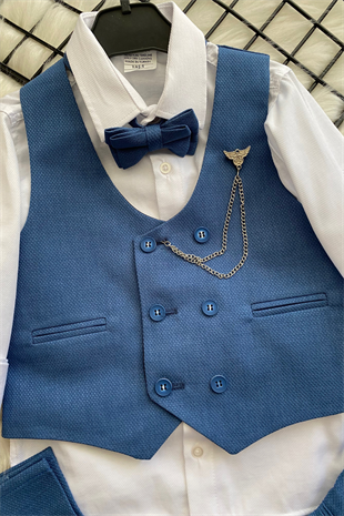 Zincir Detay Çift Düğmeli Erkek Çocuk Takım Elbise İndigo