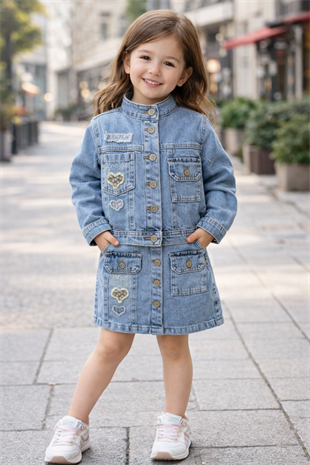 2-5 Yaş Lüx Love Taşlı Kot Ceket Badi ve Kot Etekli Kız Takım Mavi
