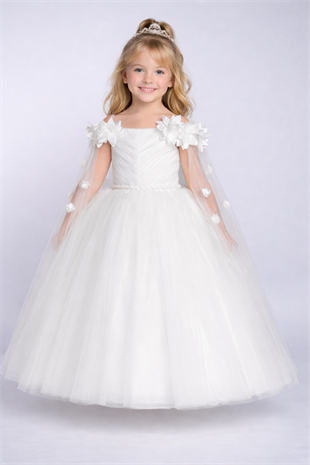 2-11 yaş Wendy Omuzları Çiçekli Kolları Tül Detay Kız Çocuk Gelinlik Ekru