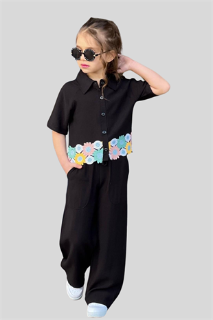 4-12 Yaş Çiçek Detay Müslin Kız Pantolon Gömlek Takım Siyah