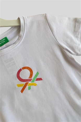 4-14 Yaş Benetton Sim Baskı Kız Çocuk Tişört Beyaz
