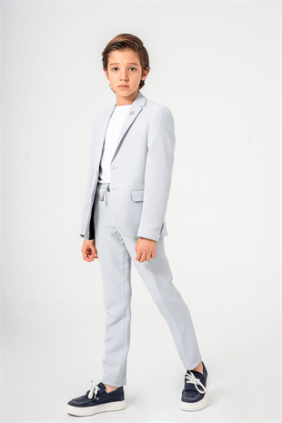 3-14 Yaş Gofre Rozetli Tişörtlü Çocuk Takım Elbise Gri