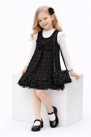 2-10 Yaş Gül Etekli Çantalı Salopet Takım Siyah