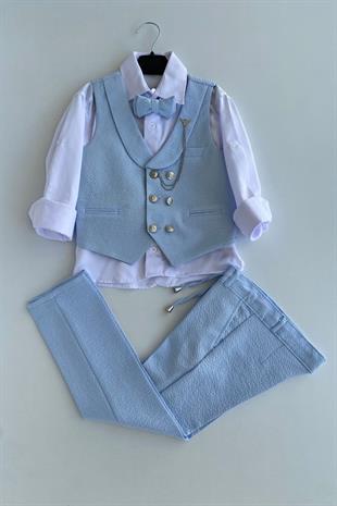 Gofre Lord Yelekli Erkek Çocuk Takım Elbise Bebe Mavi