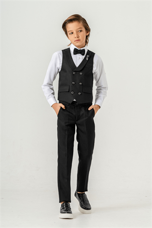 Lord Katlamalı Rozetli Çocuk Takım Elbise Siyah