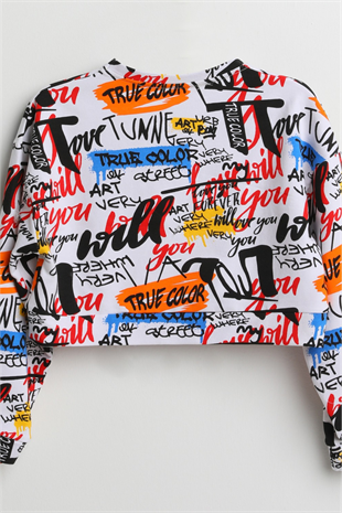 Gazete Baskılı Kız Çocuk Crop Sweatshirt