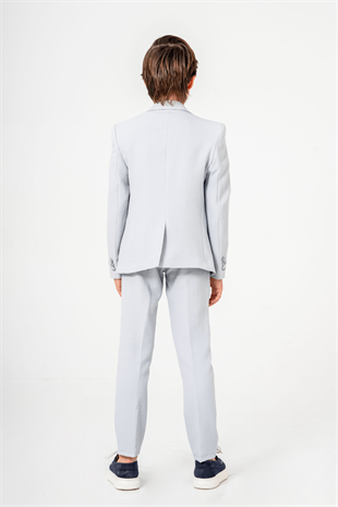 3-14 Yaş Gofre Rozetli Tişörtlü Çocuk Takım Elbise Gri