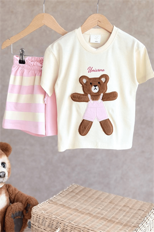 2-8 Yaş Ayıcıklı Çizgi Şortlu Kız Çocuk Takım Pembe Kardeş Kombini