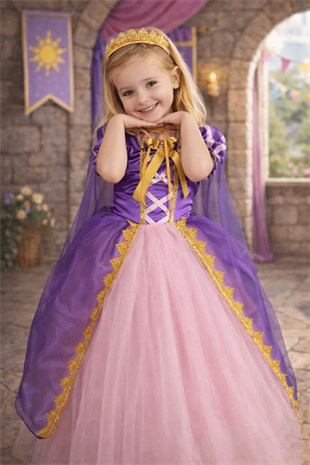 Rapunzel Uzun Kız Çocuk Kostüm