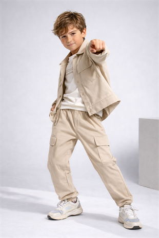 3-10 Yaş Kargo Pantolonlu Ceketli 3lü Erkek Takım Krem