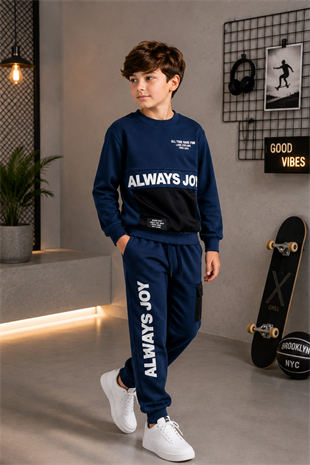 7-10 Yaş Always Joy Kanguru Cepli Erkek Çocuk Eşofman Takımı Lacivert