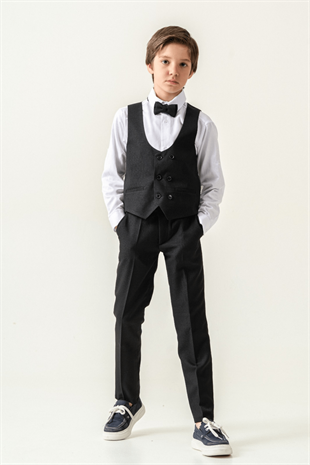 Premium Seri Mendilli Yelekli Ceketli Çocuk Takım Elbise Siyah