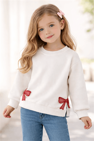 3-7 Yaş Fiyonk Aplikeli Kız Çocuk Sweat Beyaz