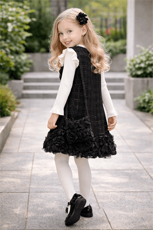 2-10 Yaş Gül Etekli Çantalı Salopet Takım Siyah