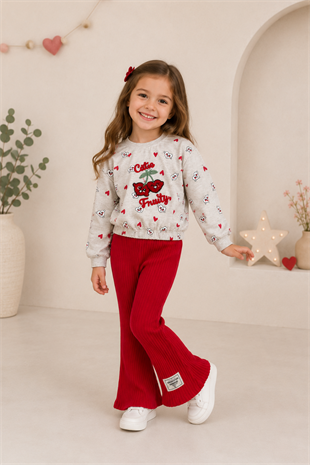 3-7 Yaş Cutie Fruit İspanyol Pantolonlu Kız Çocuk Takım Kırmızı