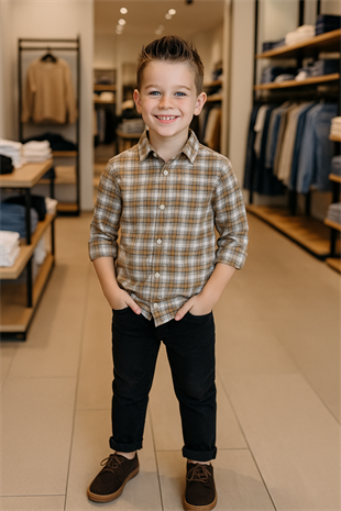 5-14 Yaş Kareli Gömlek Kot Pantolon Takım Sarı