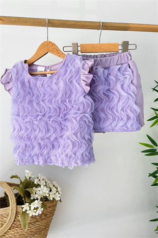 3-10 Yaş Kabartma Tül Detay Şort Etekli Kız Çocuk Takım Lila