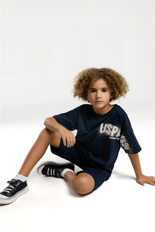 9-15 Yaş U.S Polo Lisanslı Kolu Baskılı Şortlu Erkek Çocuk Takım Lacivert